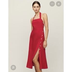 Reformation Mar Linen Red Halter Open Tie Back Square Neck Midi Dress Size 8
